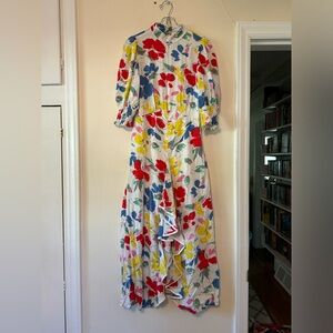 Rixo for Target Womens Cascade Ruffle Dress Sz 4 White Blue Floral Maxi Dress